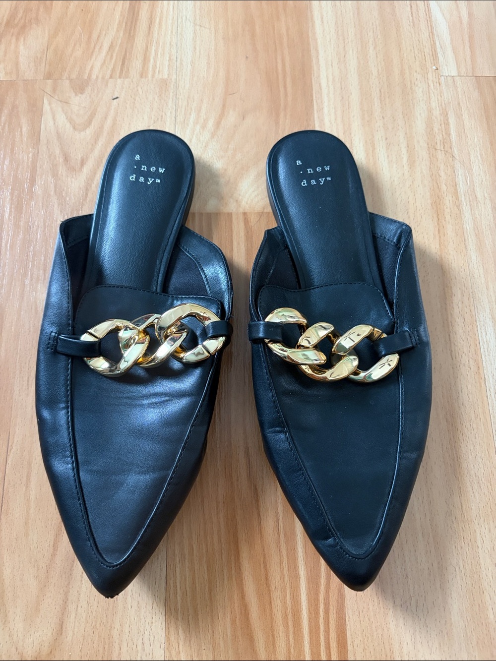 a new day Black Pointed Mules with Gold Chain Detail